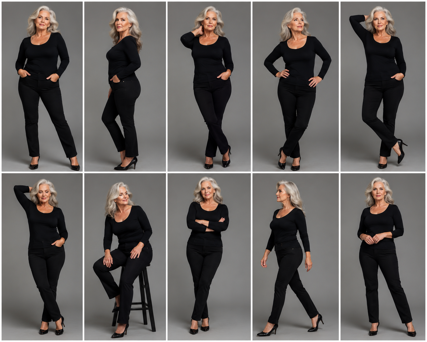 10-pose grid of mature silver-haired woman in black top and trousers with heels, studio; seated and walking variants