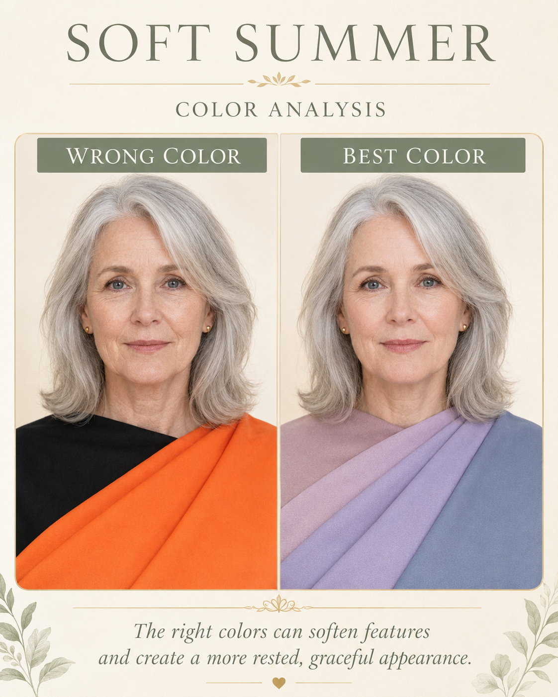 Summer color analysis: mature silver-haired woman, wrong (orange) vs best (lavender/periwinkle) drape