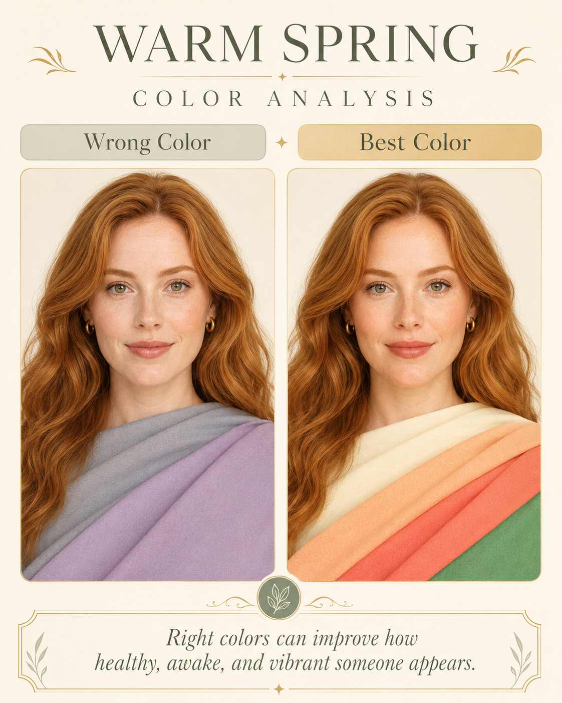 Warm Spring color analysis: red-haired woman, wrong (lavender) vs best (peach/cream) drape