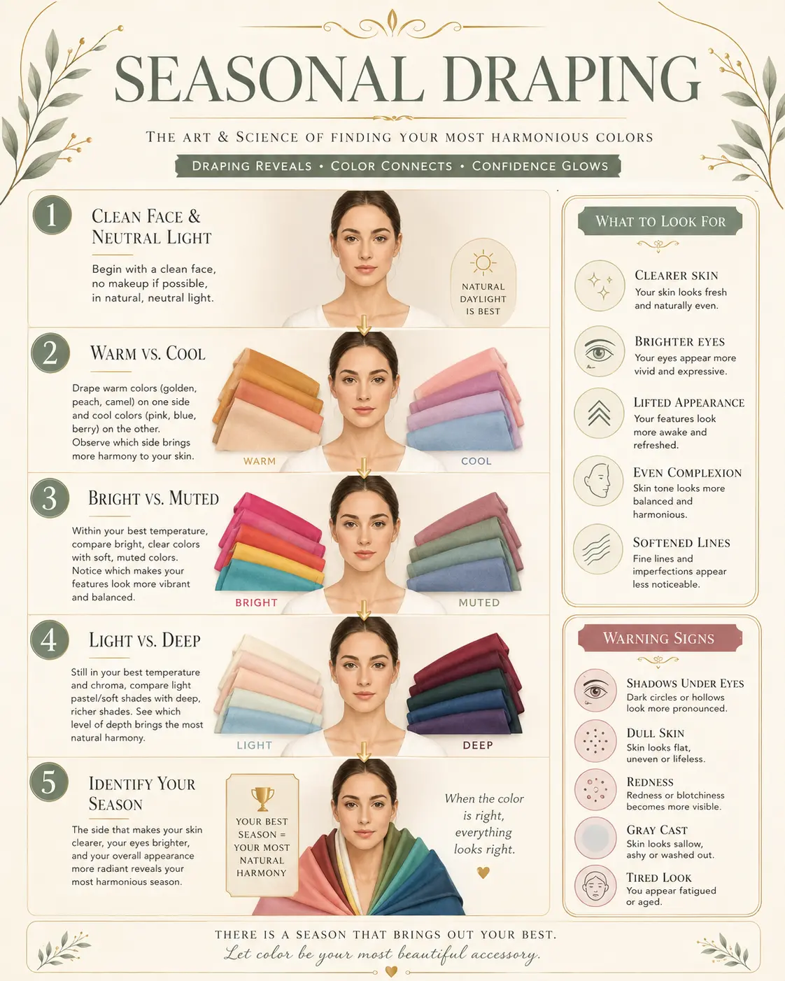 infographic: Seasonal Draping, 5 steps with fabric drapes held to face